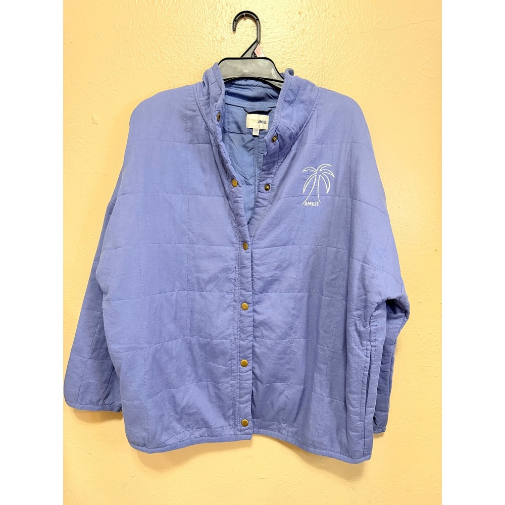 Amuse Society Quilted Snap Front Jacket Periwinkle Blue Palm Tree Logo L/XL